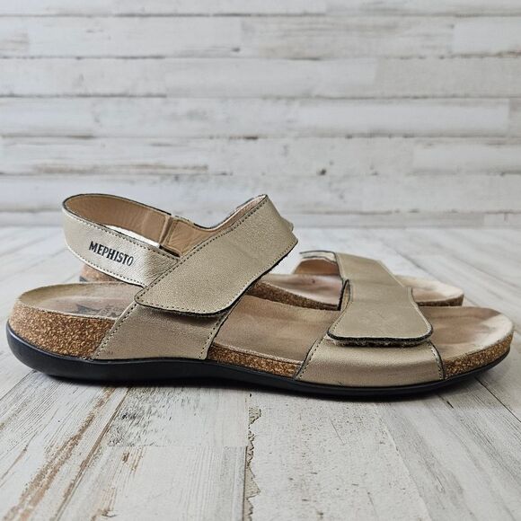 Mephisto Agave Gold Metallic Leather Comfort Air Relax Hook And Loop Sandals 40 - Picture 3 of 6